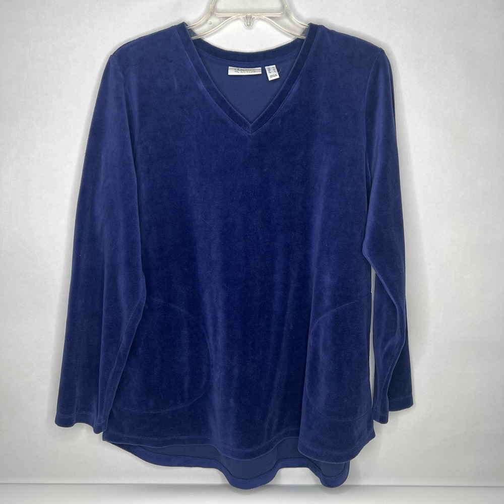 Denim & Co. Active Velour Tunic Dark Blue Navy Cotton Blend D & Company V‎ Neck